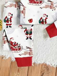SHEIN Baby Boy Casual Minimalist Christmas Pattern Snug Fit Round Neck Fleece Long Sleeve Shirt And Pants Homewear, Suitable For Autumn/Winter - White - View 2