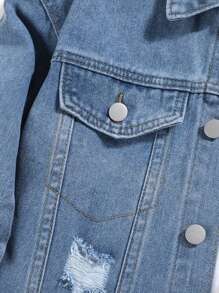 SHEIN Tween Boy Cool Boy Fashion Frayed, All Over Horse Print Street Vintage All-Match Commute Versatile Denim Suit, Daily Casual All-Match Simple Street Chic All Season Distressed Ripped Jacket Top And Slim Fit Comfortable Jeans 2 Pieces Set - Medium Wash - View 7