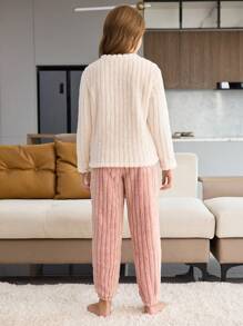 SHEIN Tween Girls Pajamas: Comfortable Warm Fleece Bowknot Embroidered Striped Long Sleeve Top And Long Pants 2-Piece Home Wear Set, Autumn/Winter - Multicolor - View 2