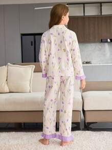 SHEIN 青少年女孩郁金香印花长袖上衣和长裤两件套家居服套装 - 紫色 - 查看 2