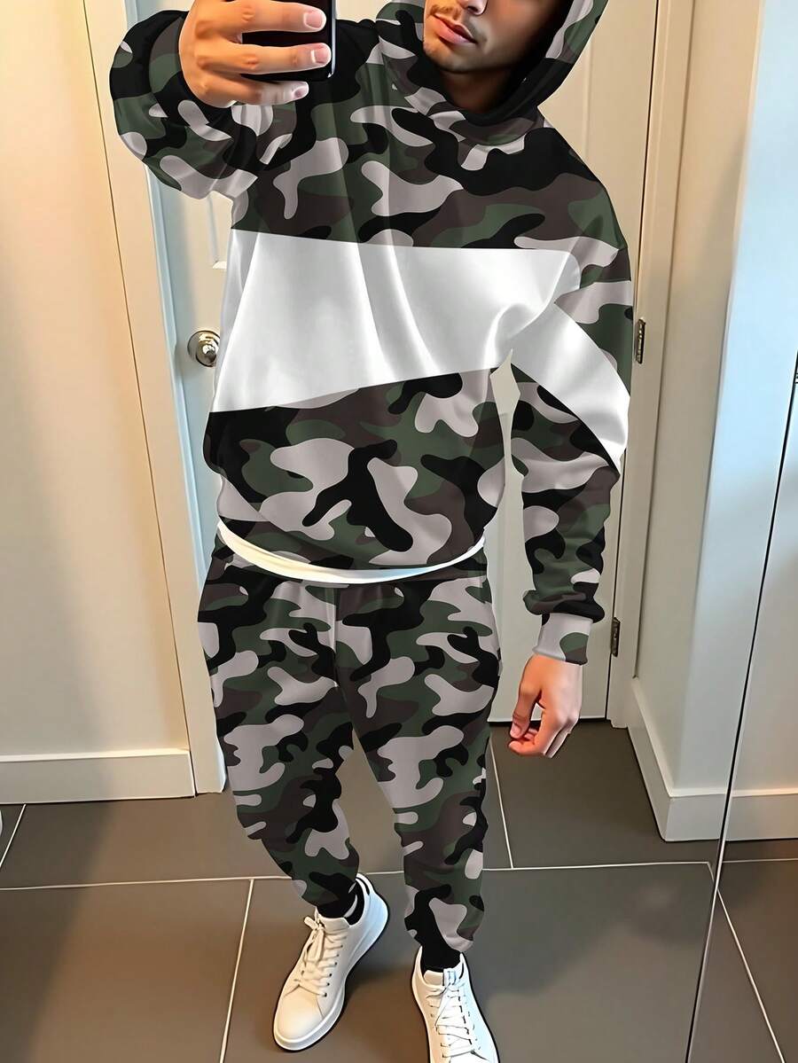 SHEIN 2 件迷彩印花青少年男孩休闲简约长袖连帽衫套装，秋冬 - 彩色 - 查看 1