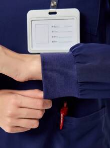 TaskEZ V领长袖4口袋撞色休闲女式T恤洗刷制服套装衬衫和女士工作服直筒裤健康检查手术洗刷制服套装女士纯色宠物美容工作洗刷制服套装营养师工作服短袖实验室工作服女式两件套，多口袋功能性工作服，上衣领口带拉链方便穿脱，下身松紧腰带方便穿脱 - 藏蓝色 - 查看 8