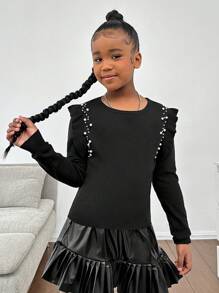 SHEIN Áo len cổ tròn viền bèo nhún cho bé gái tuổi teen giản dị tối giản thoải mái - màu đen - Xem 1