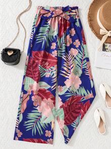 SHEIN Tropical Leaf Print Wide Leg Pants With Belt - Blue - View 1