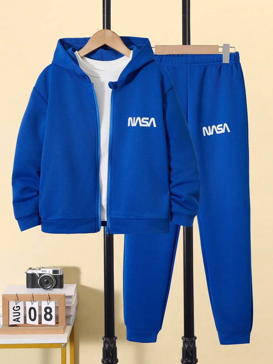 SHEIN 2pcs/Set Tween Boys Casual Letter Print Hoodie Sweatshirt & Pants Set, Autumn - Blue - View 1