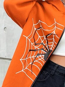 SHEIN Explorewe Teen Girl Solid Pieced Front Zip Up Long Sleeve Print Minimalist Sweatshirt - Orange - View 3