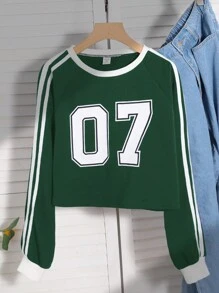 SHEIN Teen Girl Color Block Letter Print Knit Crop Casual Sweatshirt,In Fall/Winter - Green - View 2