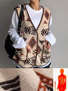 DAZY Women Fleece Fully Allover Print Geometric Pattern Coat, Thermal Lined Jacket Fall,Winter Vest - Beige - View 3