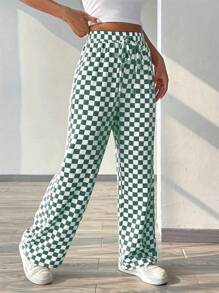Plus Size Women Plaid Print Casual Loose Drawstring Wide Leg Pants - Dark Green - View 1