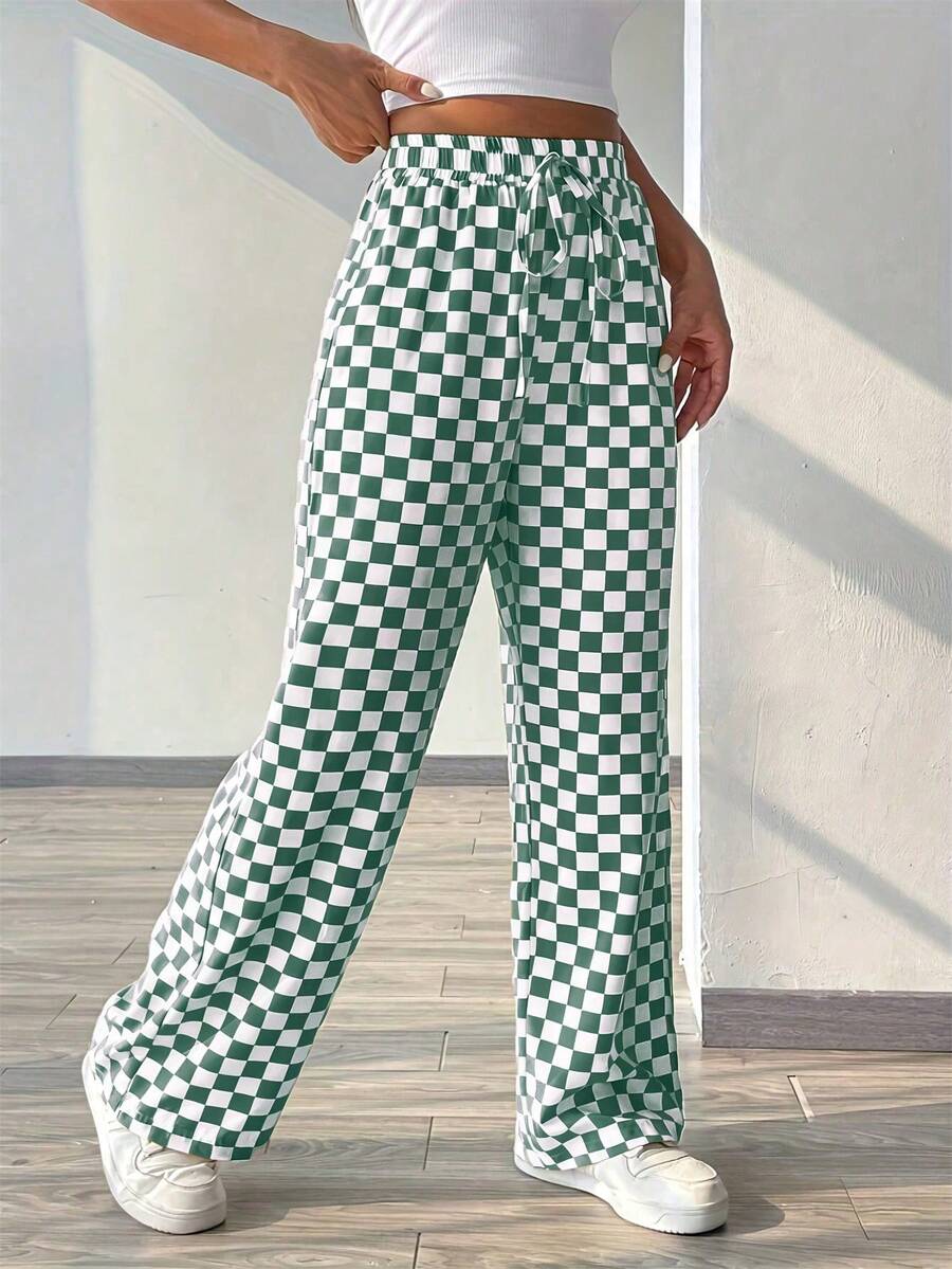 Plus Size Women Plaid Print Casual Loose Drawstring Wide Leg Pants - Dark Green - View 1