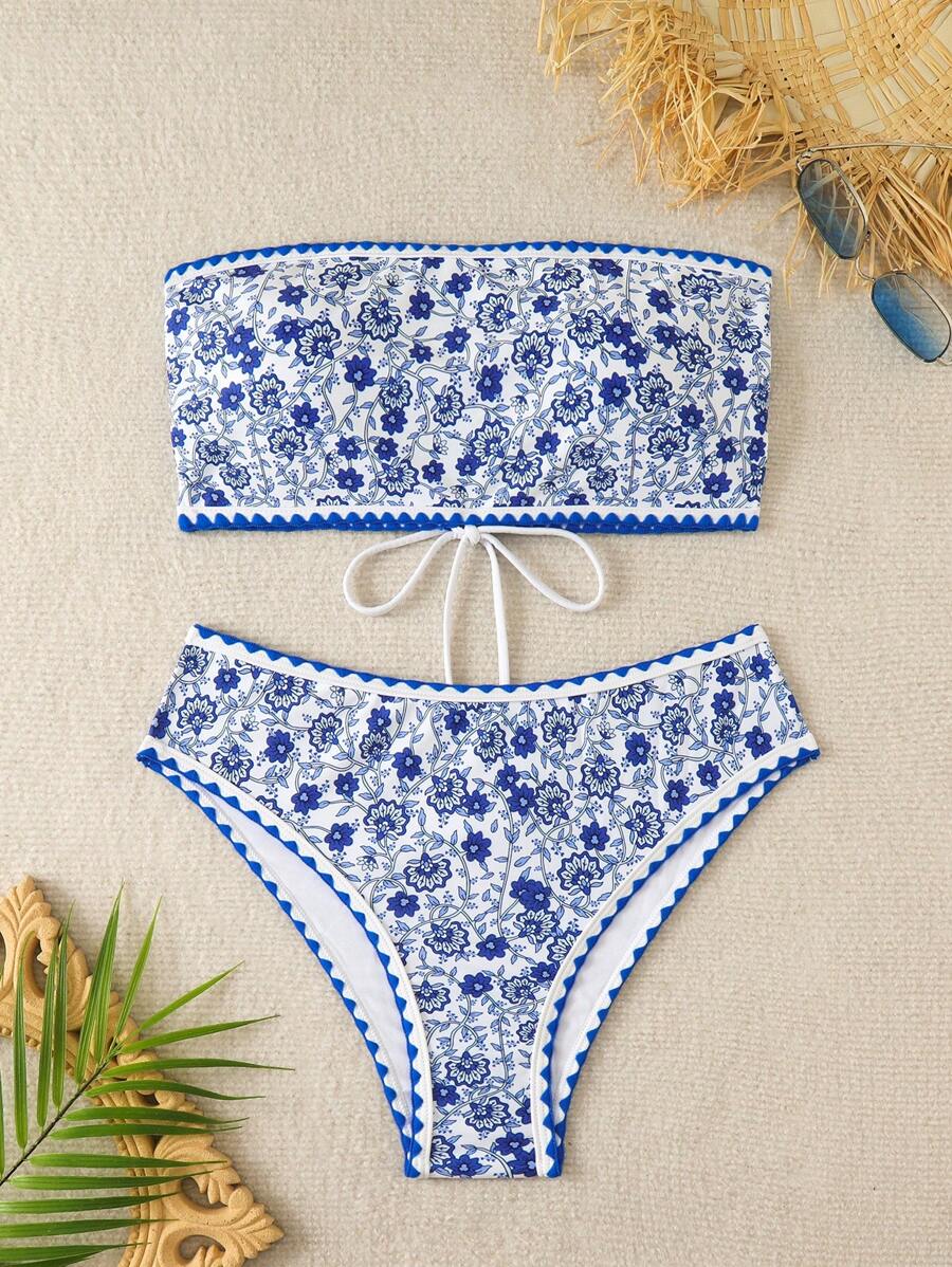 Swim Mod Summer Beach Floral Print Bandeau Bikini Set - Blue and White - View 1