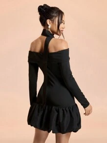 SHEIN Belle 女士露肩纯色荷叶边下摆晚礼服 - 黑色 - 查看 2