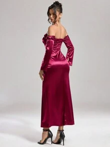 SHEIN Belle Women's Burgundy Red Off-Shoulder Formal Evening Dress,Elegant Fishbone Waist Stretch Knit Luxury Banquet Party Gown For Wedding Guest,Homecoming - Burgundy - View 2