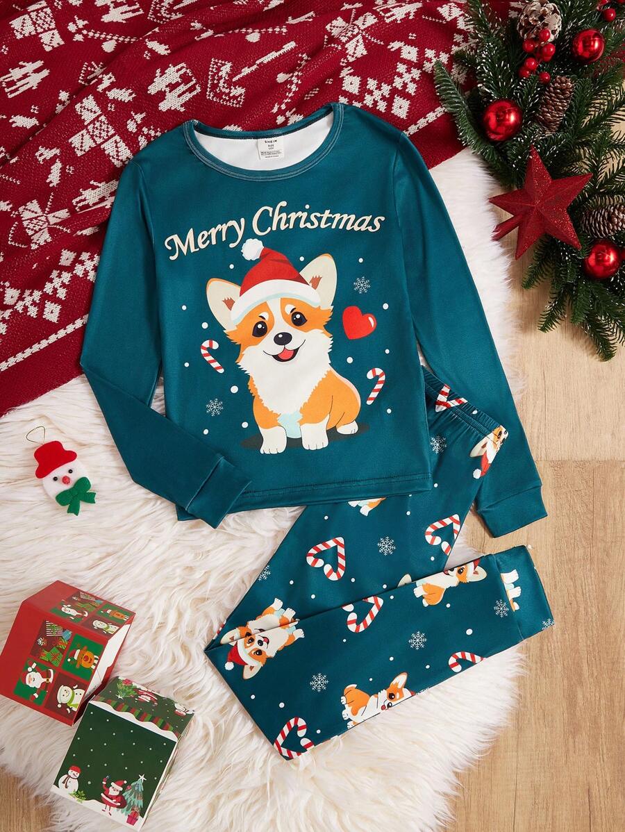 Tween Girl Snug Fit Christmas Dog Print Long Sleeve Top & Pants Pajama Set - Green - View 1