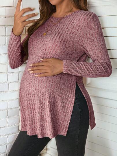 SHEIN Maternity Casual Minimalist Khaki Long Sleeve T-Shirt, Long Loose Fit Pregnancy Tee