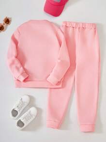 SHEIN Setelan Sweatshirt dan Celana Olahraga Kasual Warna Polos dengan Huruf Timbul untuk Anak Perempuan Remaja, Musim Gugur - Baby Pink - View 2