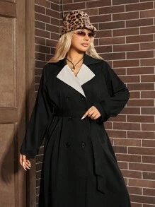 SHEIN EZwear 大码女式拼色翻领双排扣长款休闲风衣，秋季 - 黑色 - 查看 7