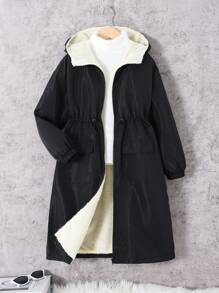 SHEIN Leap Crew Tween Girls Loose Casual Sports Versatile Hooded Mid-Length Fleece Cardigan Jacket - Black - View 5