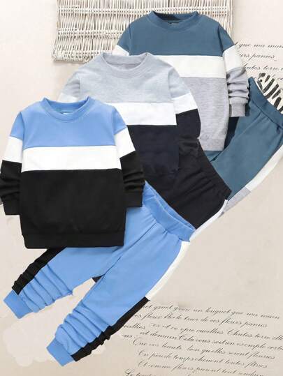 SHEIN Genkimix Kids 6pcs/Set Young Boy Casual Sporty Collegiate Style Contrast Color Hoodie And Pants Set, Suitable For Daily Wear, School, Outdoor, Sports Activities In Spring & Autumn. This Versatile Set Provides Multiple Outfit Options For Young Boys And Features A Comfortable, Fashionable Design.