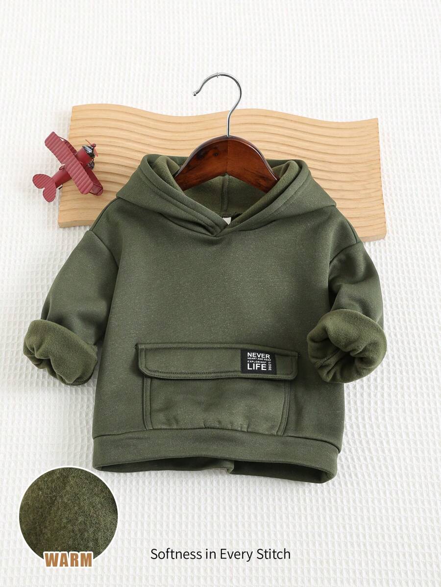 Cozy Pixies 婴儿男女童秋冬休闲装饰logo前袋卫衣保暖抓绒卫衣 - 軍綠色 - 查看 1