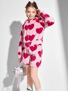 SHEIN 2pcs Girls Heart Pattern Fluffy Hooded Jacket & Shorts Loungewear Set, Warm Casual Outfit - Multicolor - View 7