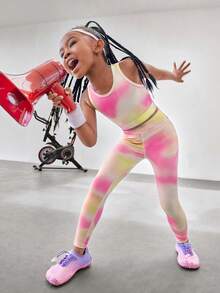 SHEIN 年轻女孩运动跑步骑行网球羽毛球体操舞蹈针织弹力柔软透气吸湿排汗时尚扎染印花服装 - 彩色 - 查看 6