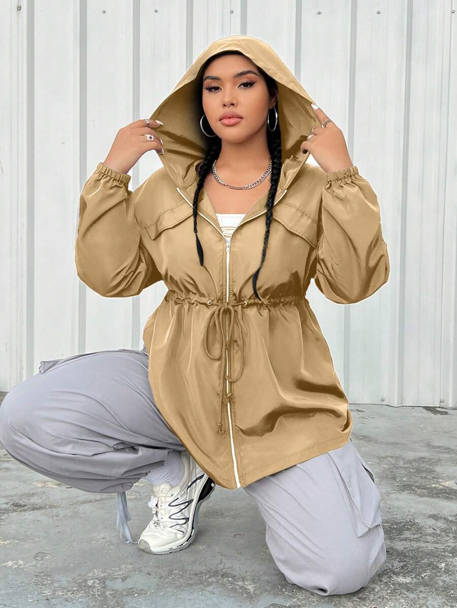 SHEIN EZwear 大码女式休闲纯色抽绳腰连帽夹克，秋季 - 卡其色 - 查看 1
