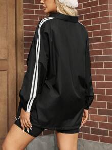SHEIN EZwear Plus Size Casual Striped Patchwork Loose Jacket, Sports And Daily Wear, Autumn