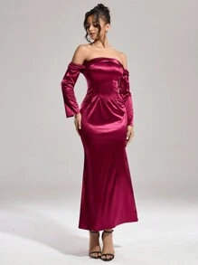 SHEIN Belle Women's Burgundy Red Off-Shoulder Formal Evening Dress,Elegant Fishbone Waist Stretch Knit Luxury Banquet Party Gown For Wedding Guest,Homecoming - Burgundy - View 3