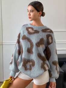 DAZY Relaxed Oversized Leopard Print Knit Sweater For Women