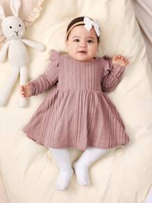 SHEIN Đầm dài tay màu trơn dệt kim dễ thương tối giản giản dị cho bé gái sơ sinh - Màu Hồng baby - Xem 3