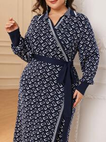 Modelyn Damen Große Größen Lässig Kleid mit geometrischem Muster und Bindung an der Seite, elegant für Herbst/Winter