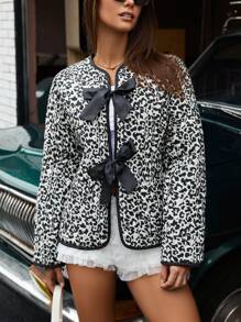 Aveloria Affinna Abrigo acolchado ligero con estampado de leopardo aleatorio y cordones, de estilo callejero versátil y elegante retro para mujer en invierno - Negro - Ver 6
