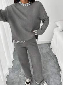 Uhlyne Uhlyne 2 件套女士休闲宽松优雅秋季罗纹针织上衣和裤子套装，拼色长袖毛衣套装 - 深灰色 - 查看 7
