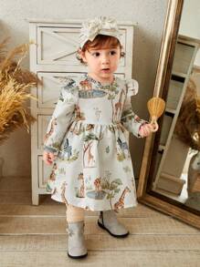 SHEIN Baby Girls Cute Animal Print Long Sleeve Dress, Fall Winter - Multicolor - View 5