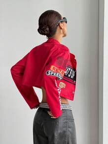 StreetHx Women Autumn Casual Streetwear Contrast Color Letter Print Cropped Jacket For New Year Clothes Fall Winter Cloth For Women - Red - View 2