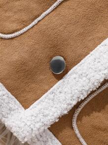 女婴毛绒拼布前扣口袋长袖休闲夹克 - 棕色 - 查看 5