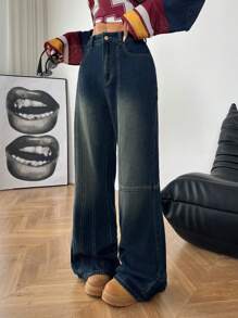 SHEIN EZwear 女士秋冬工装基本款牛仔撞色滚边小喇叭裤 - 藍色 - 查看 5