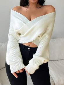 Chiquease Sweter oversize z wiązaniem z przodu, swobodny, dzianinowy, jesień/zima - Biały - Zobacz 3