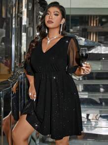 SHEIN Clasi Plus Size Summer Elegant V-Neck Mesh Contrast Dress, Suitable For Gathering