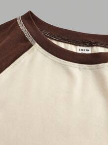 SHEIN Girlism 少女色块拼布针织插肩袖收腰短款休闲长袖 T 恤 - 杏色 - 查看 3