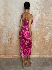 SHEIN BAE V 领拼色扎染印花开衩连衣裙，单身女士返校连衣裙 - 玫紅色 - 查看 2