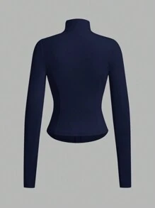 SHEIN EZwear 1pc Women's Navy Knit Lightweight Fitted Jacket For Sun Protection In Fall/Winter - Navy Blue - View 2