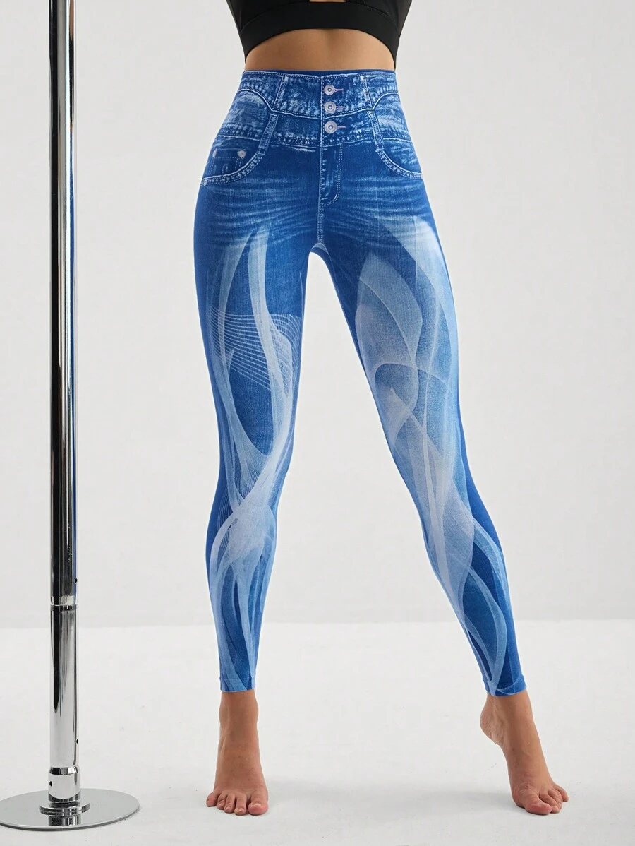 Menodora SHEIN Sport Fashionable Seamless Denim Effect Print Sports Leggings