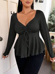 Vionelle Plus Size Sweetheart Neck With Drawstring Ribbed Long Sleeve T-Shirt Fall Cloth For Women - Black - View 3