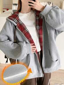 DAZY 秋季新款返校拼色休闲拉链连帽衫运动衫、长袖上衣、秋季女装夹克 - 灰色 - 查看 6