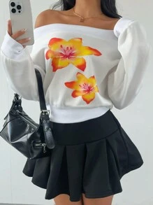 SHEIN SXY 秋冬季花卉印花保暖内衬白色运动衫 - 白色 - 查看 5