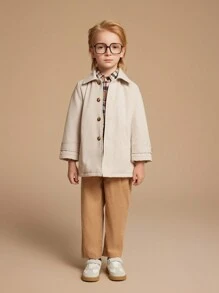 SHEIN Young Boys Khaki Color Woven Lapel Windbreaker Jacket, Winter - Khaki - View 1