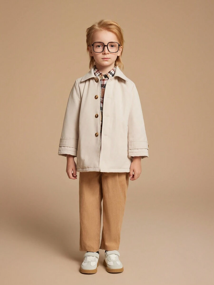 SHEIN Young Boys Khaki Color Woven Lapel Windbreaker Jacket, Winter - Khaki - View 1