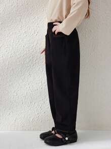 Blossori Young Girl Pockets Elastic Waist Straight Leg Loose Casual Pants - Black - View 3